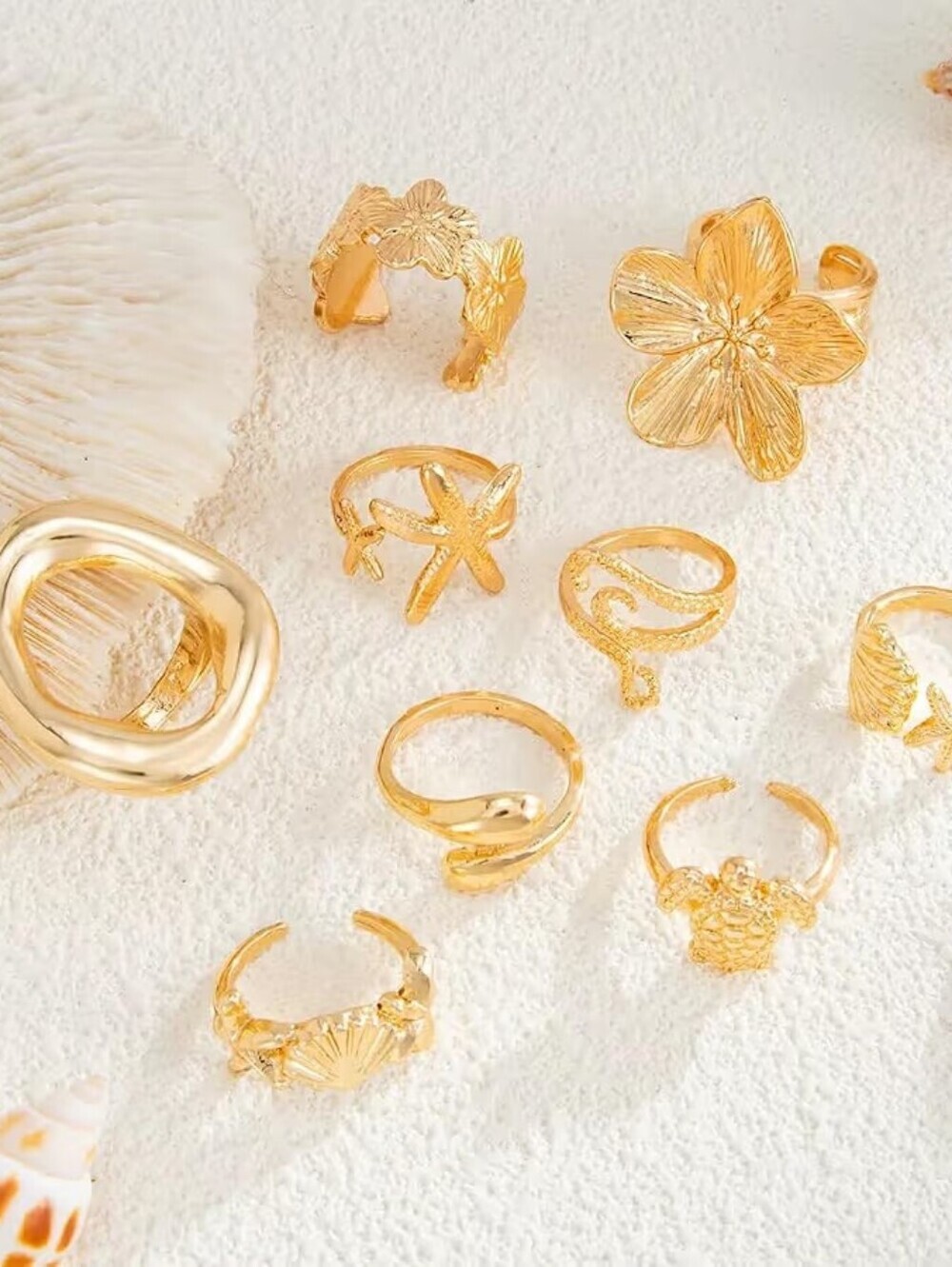 Gold Chunky Rings Flower Shell Starfish Ring Set Boho Stackable Adjustable - Picture 3 of 4